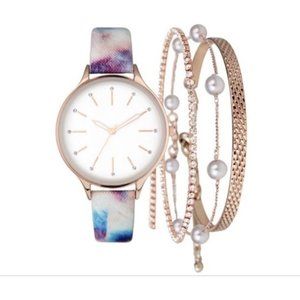 INC Women's Tie-Dye Faux-Leather Strap Watch 36mm & 3-Pc. Bracelet Set NIB